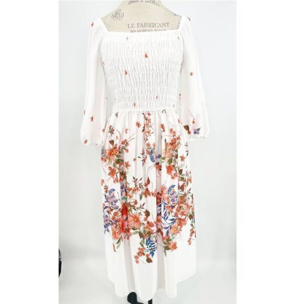 MAISON NWT Tara Floral Smocked White Midi Square Neck Dress SIZE 8